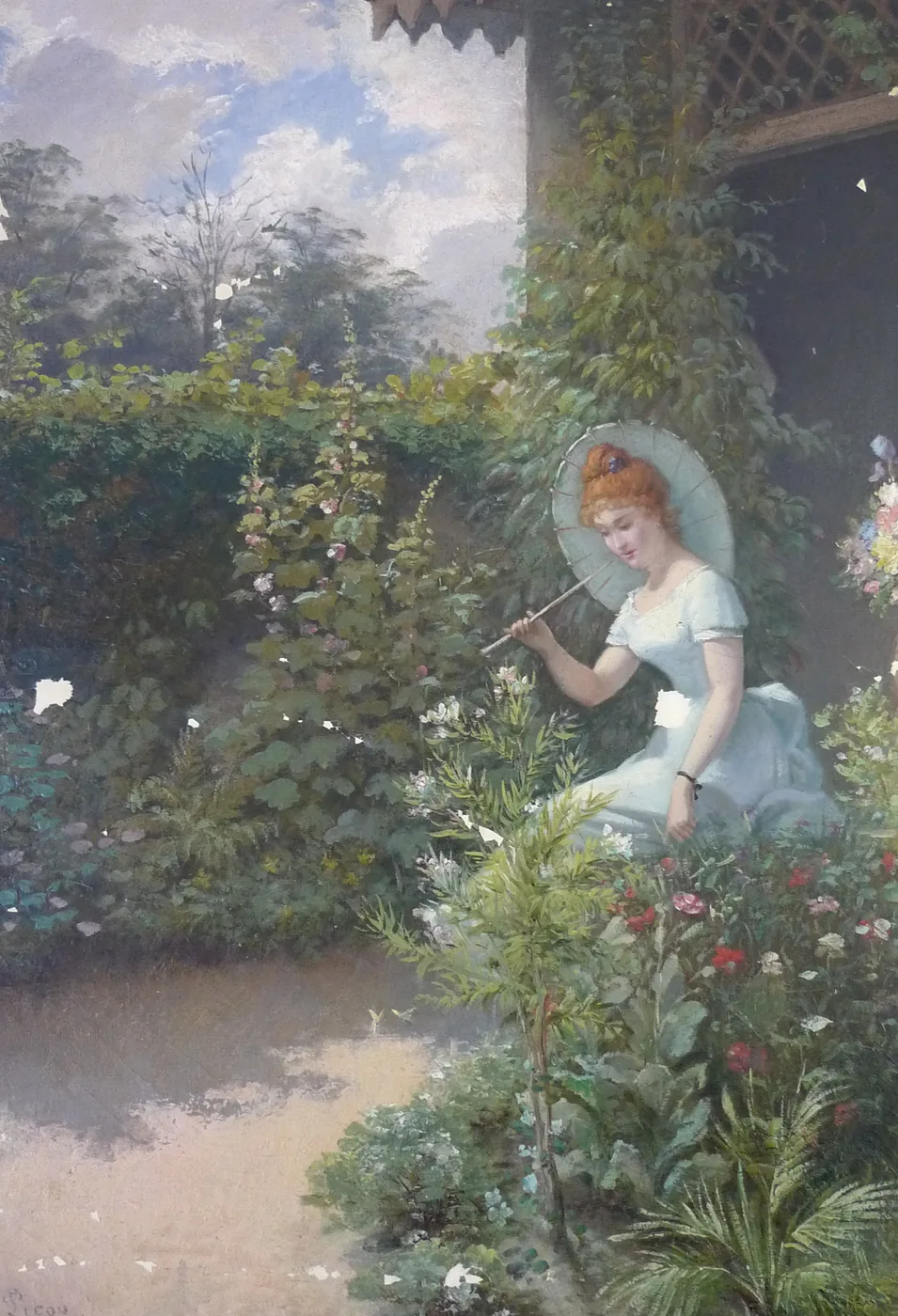 Femme à l'ombrelle dans un jardin, avant : bas de la toile abîmé, écailles